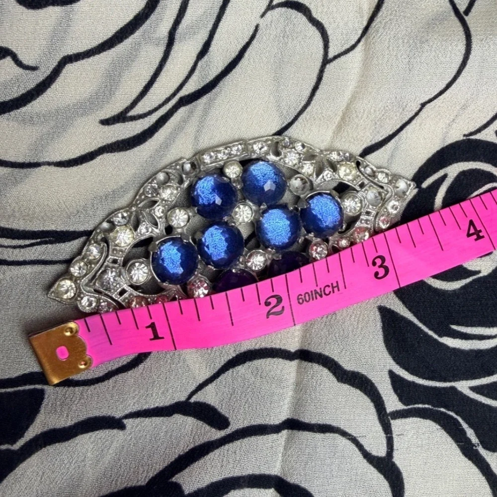 Vintage Art Deco‎ Style Rhinestone and Cobalt Blue Brooch Silver Tone